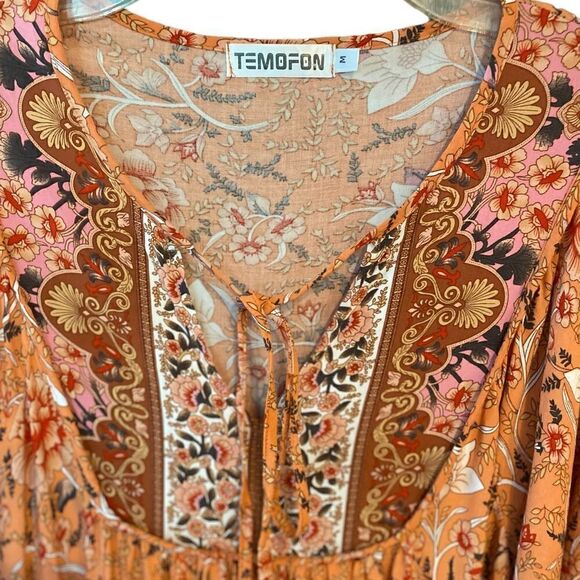 Boho Orange Floral Relaxed Flowy Peasant Sleeves Front Tie ‘60s Vibe Dress - Picture 5 of 8